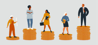 Private real estateโs compensation recovery gathers steam Illustration of businesspeople standing on piles of coins of various different heights