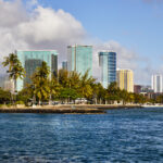 Ala Moana Beach Park with skyline view of Honolulu, Hawaii
