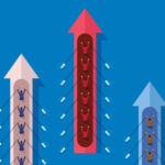 Three boats made up of arrows rowing along a river