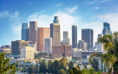 A photo of downtown Los Angeles, California, cityscape on a sunny day.