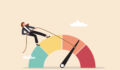 A person standing on a coloured semicircle dial representing risk is pulling a rope attached to the dial towards the green safe side of the spectrum