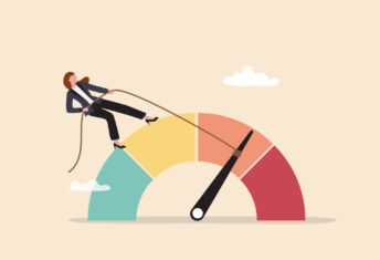 A person standing on a coloured semicircle dial representing risk is pulling a rope attached to the dial towards the green safe side of the spectrum