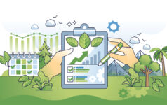 Illustration of a clip board rating sustainability and ESG
