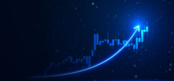 Rising stock market economy illustration. Futuristic business growth bar chart.