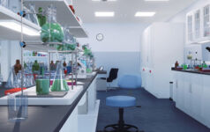 Empty interior of scientific research lab workplace with various modern laboratory equipment. With no people medical and science technology concept 3D illustration from my own 3D rendering file.