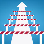 A white arrow leads upwards, obscured by hurdles cradled over it