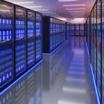 Shot of Data Center With Multiple Rows of Fully Operational Server Racks. Modern Telecommunications, Artificial Intelligence,server room,3d rendering