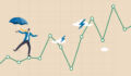 Risk and uncertainty, investment volatility or stock market and crypto currency fluctuation up and down, all weather strategy concept, businessman acrobat planning to walk on risky investment graph.