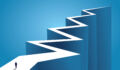 The path to scale rarely runs smoothly An illustration of a businessperson standing at the beginning of a long, zig-zagging road