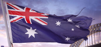 Australian flag waving over Sydney