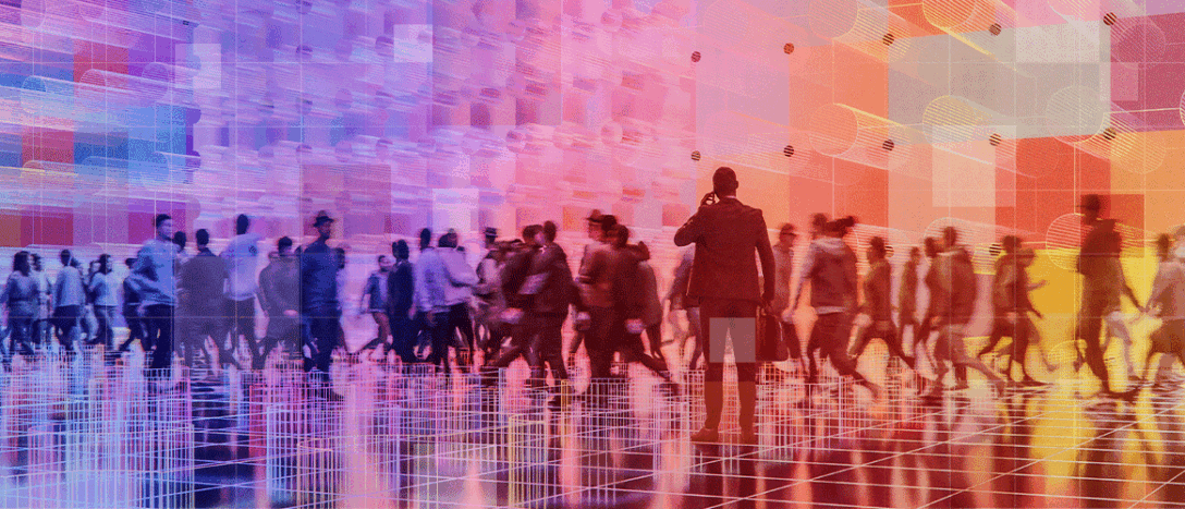 A crowd of people in a futuristic place, with one person in the foreground on the phone, for the Democratisation & Transparency theme in Private Markets 2030