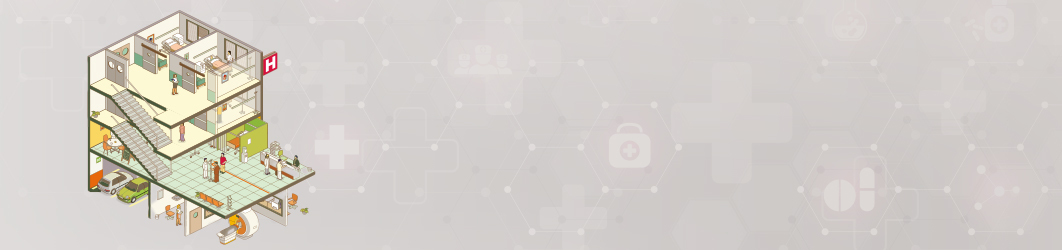 Banner for the PERE Healthcare 2025 report, featuring an isometric illustration of a hospital building with the walls removed