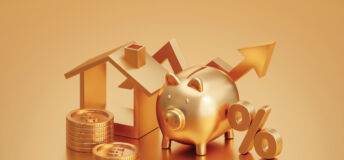 gold piggy bank, housing, house, home, investment, coins, percent, up arrow, T9