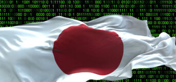 Japan flag - 3D realistic waving flag on matrix digital background with binary code