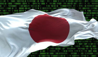 Japan flag - 3D realistic waving flag on matrix digital background with binary code