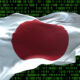 Japan flag - 3D realistic waving flag on matrix digital background with binary code