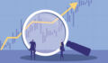 Two businessmen using a magnifying glass to observe market trends.