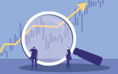 StepStone Group on a record year for secondaries Two businessmen using a magnifying glass to observe market trends.
