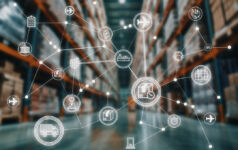 Macquarie on logistics real estate’s transition as global markets reset A network of logistics and supply chain icons superimposed over a blurred warehouse, illustrating interconnected systems, transportation, and global distribution. T5