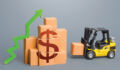Forklift near a stack of dollar boxes with a green up arrow. Sales growth concept. Production and freight of goods. Increase in imports and exports, economic recovery. World trade traffic. High income. Industrial. Logistics. T5