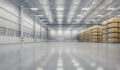 3d rendering of warehouse industry building interior. known as distribution center, retail warehouse. Included cardboard box on shelf, empty space on concrete floor suit for industrial background. Logistics. T9