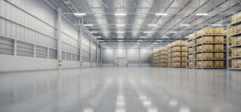 3d rendering of warehouse industry building interior. known as distribution center, retail warehouse. Included cardboard box on shelf, empty space on concrete floor suit for industrial background. Logistics. T9