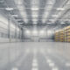 3d rendering of warehouse industry building interior. known as distribution center, retail warehouse. Included cardboard box on shelf, empty space on concrete floor suit for industrial background. Logistics. T9