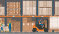 Warehouse interior with goods, pallet trucks and industrial workers. Logistics. T9