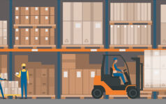 Warehouse interior with goods, pallet trucks and industrial workers. Logistics. T9