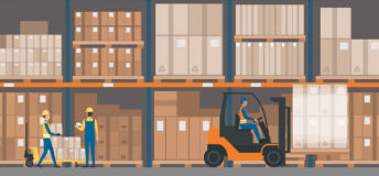 Warehouse interior with goods, pallet trucks and industrial workers. Logistics. T9
