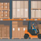 Warehouse interior with goods, pallet trucks and industrial workers. Logistics. T9