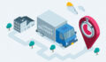 isometric truck with the inscription fast delivery goes from the warehouse to the location icon in color on a white background, targeted delivery of goods or mailings