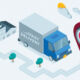 isometric truck with the inscription fast delivery goes from the warehouse to the location icon in color on a white background, targeted delivery of goods or mailings