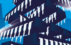 Graphic of workers standing around a stack of computer pieces.