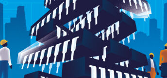 Graphic of workers standing around a stack of computer pieces.