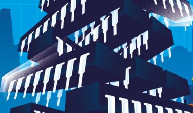 Graphic of workers standing around a stack of computer pieces.