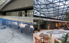 Before and after of the Nuga Castellana redevelopment, which unified several buildings into an office, residential, restaurant and retail destination in Madrid’s Chamartín district.