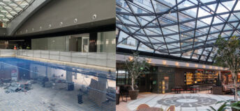Before and after of the Nuga Castellana redevelopment, which unified several buildings into an office, residential, restaurant and retail destination in Madrid’s Chamartín district.