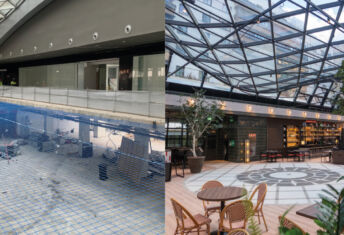 Before and after of the Nuga Castellana redevelopment, which unified several buildings into an office, residential, restaurant and retail destination in Madrid’s Chamartín district.