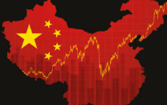 Map of China with the China flag and increasing statistics laid over the map.