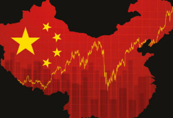 Map of China with the China flag and increasing statistics laid over the map.