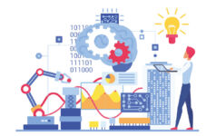 Graphic of a person using machines to do work.