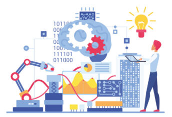 Graphic of a person using machines to do work.