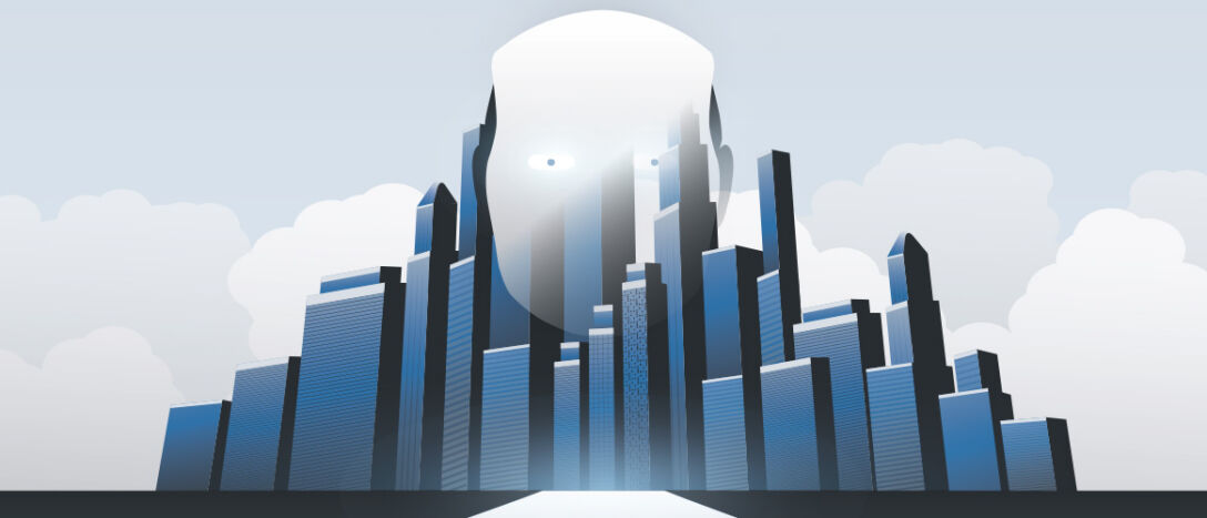 Image of an AI robot looking over a town.