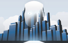 Image of an AI robot looking over a town.