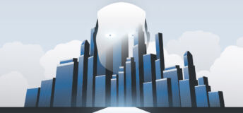 Image of an AI robot looking over a town.