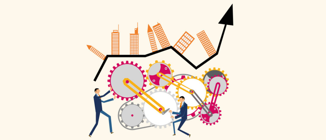 T9 Insight illo Men cogs buildings Graphic of cogs working beneath a city.