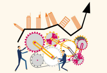 How net lease investors are recalibrating for a complex market Graphic of cogs working beneath a city.