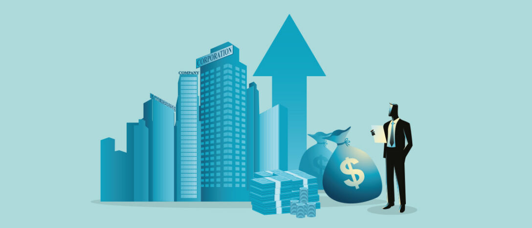 Graphic of business person making money through real estate.
