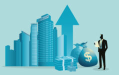 Graphic of business person making money through real estate.